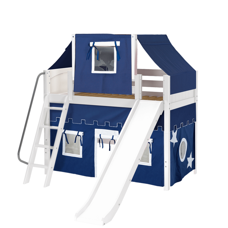 Maxtrix Twin Mid Loft Bed with Angled Ladder, Curtain, Top Tent + Slide