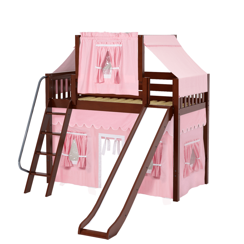 Maxtrix Twin Mid Loft Bed with Angled Ladder, Curtain, Top Tent + Slide
