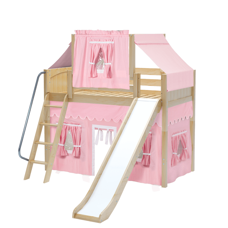 Maxtrix Twin Mid Loft Bed with Angled Ladder, Curtain, Top Tent + Slide