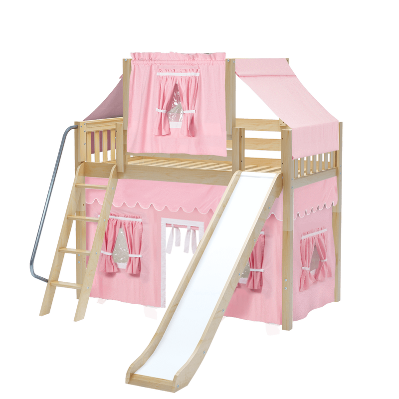 Maxtrix Twin Mid Loft Bed with Angled Ladder, Curtain, Top Tent + Slide