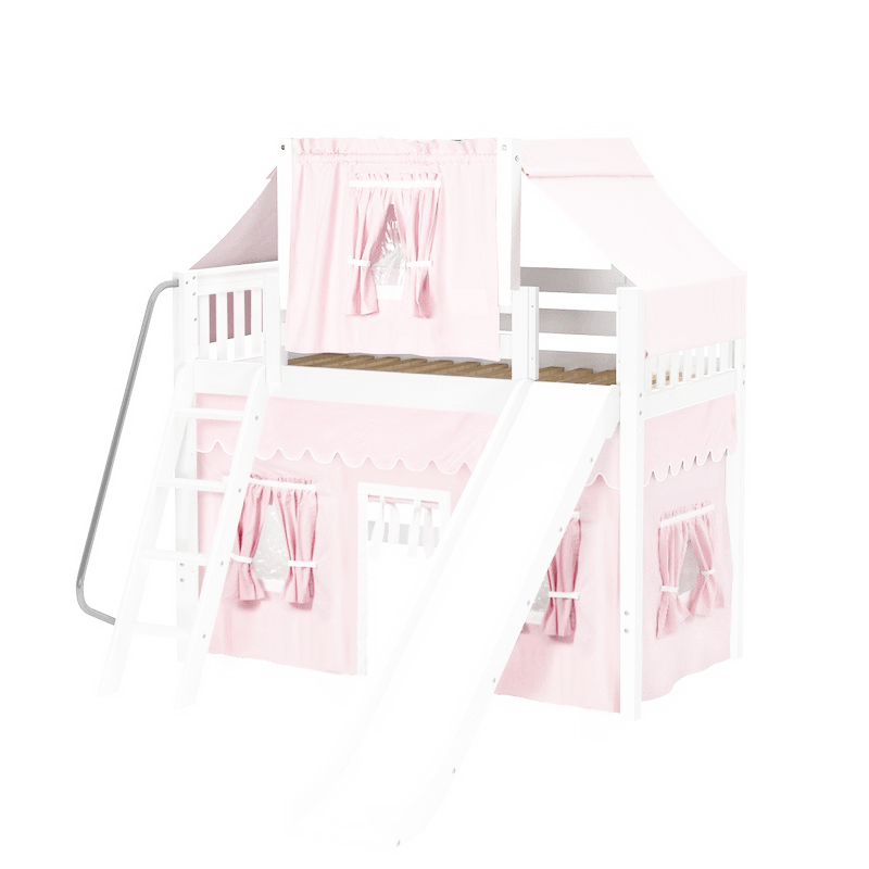 Maxtrix Twin Mid Loft Bed with Angled Ladder, Curtain, Top Tent + Slide