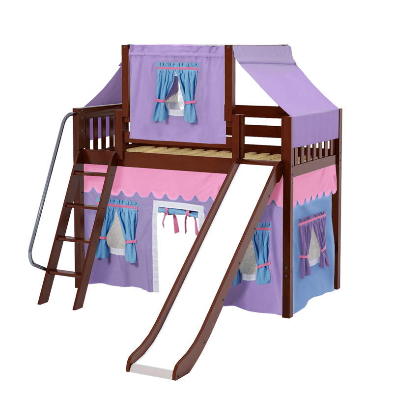 Maxtrix Twin Mid Loft Bed with Angled Ladder, Curtain, Top Tent + Slide