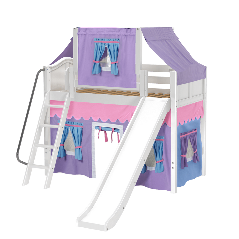 Maxtrix Twin Mid Loft Bed with Angled Ladder, Curtain, Top Tent + Slide