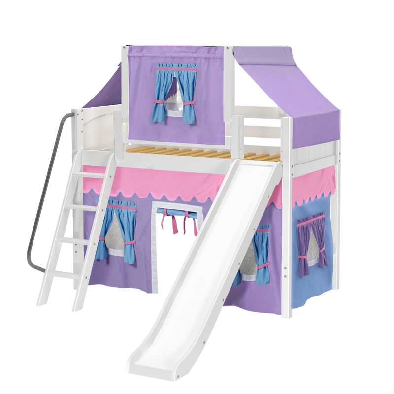 Maxtrix Twin Mid Loft Bed with Angled Ladder, Curtain, Top Tent + Slide
