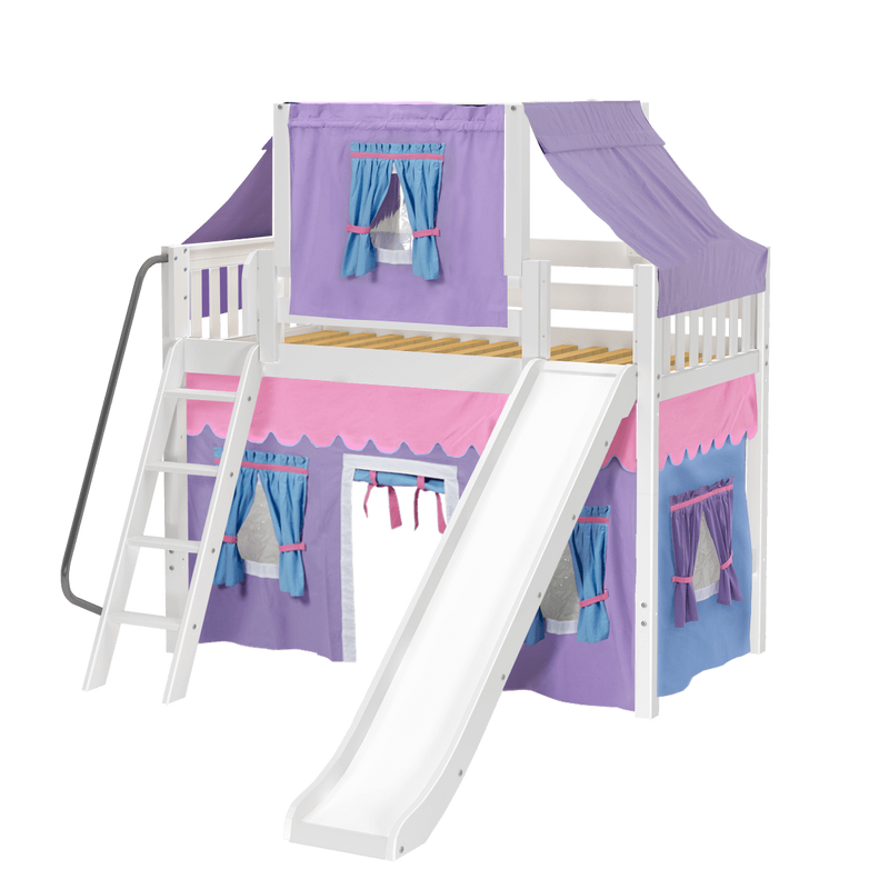 Maxtrix Twin Mid Loft Bed with Angled Ladder, Curtain, Top Tent + Slide