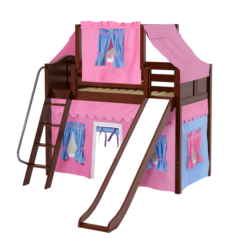 Maxtrix Twin Mid Loft Bed with Angled Ladder, Curtain, Top Tent + Slide