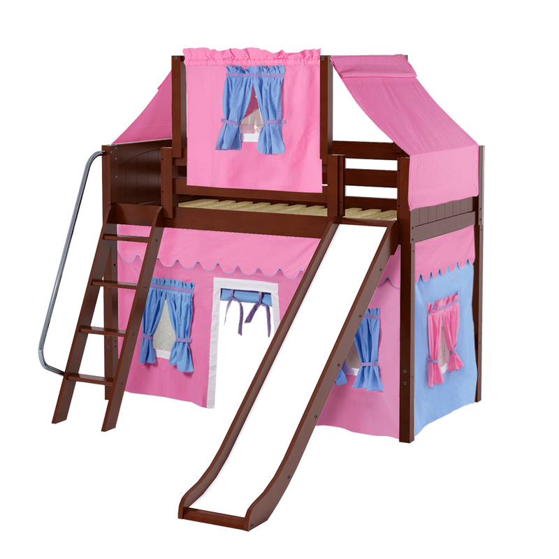 Maxtrix Twin Mid Loft Bed with Angled Ladder, Curtain, Top Tent + Slide