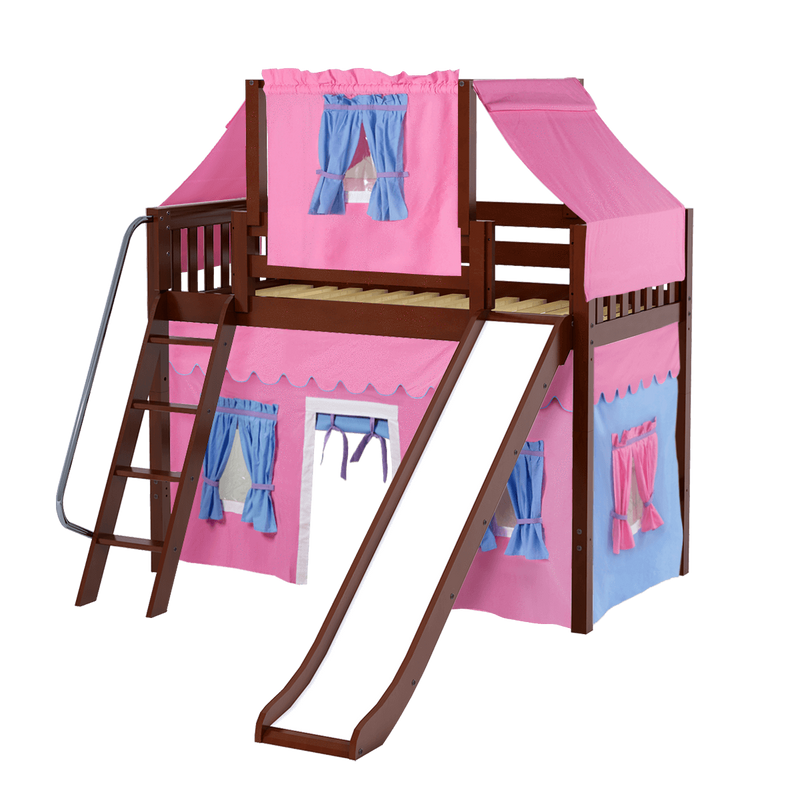 Maxtrix Twin Mid Loft Bed with Angled Ladder, Curtain, Top Tent + Slide