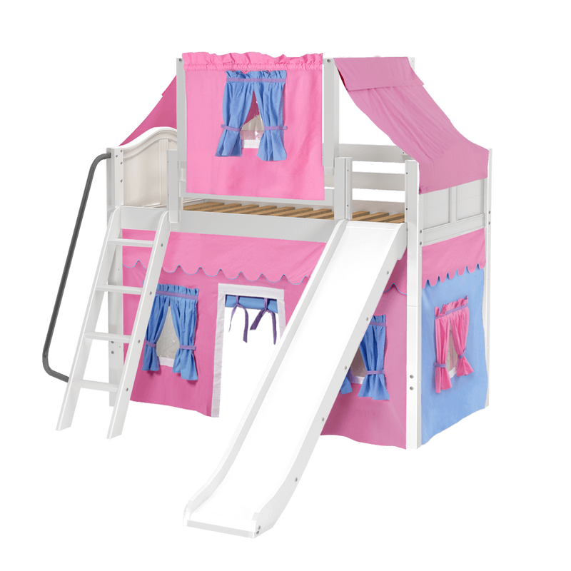 Maxtrix Twin Mid Loft Bed with Angled Ladder, Curtain, Top Tent + Slide