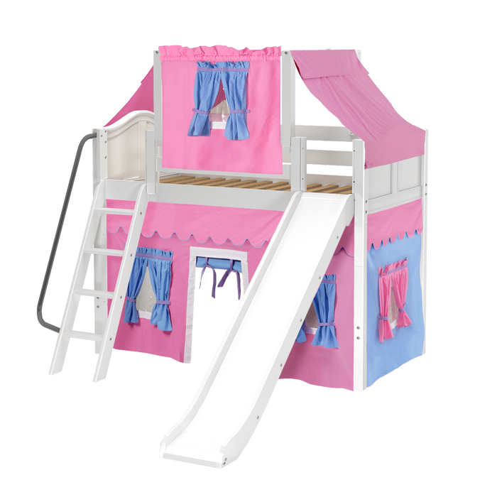 Maxtrix Twin Mid Loft Bed with Angled Ladder, Curtain, Top Tent + Slide