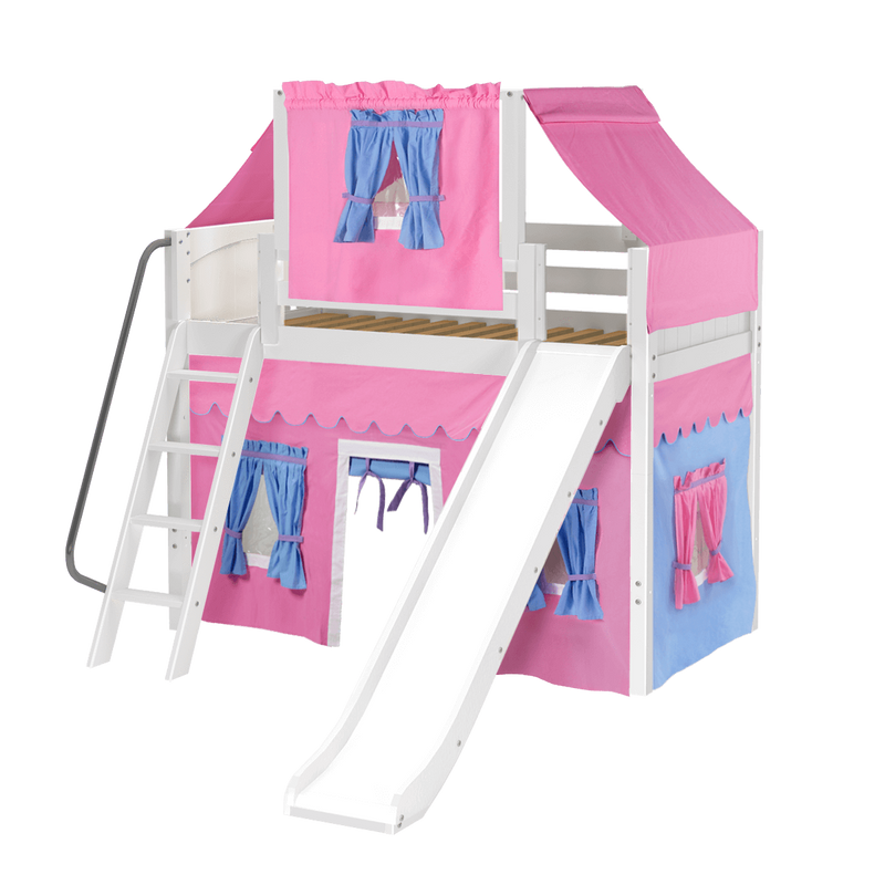 Maxtrix Twin Mid Loft Bed with Angled Ladder, Curtain, Top Tent + Slide