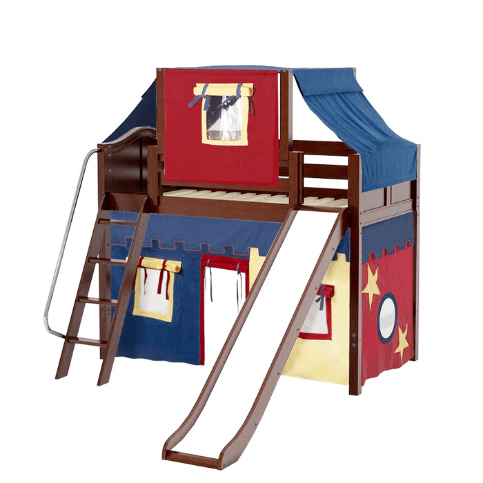 Maxtrix Twin Mid Loft Bed with Angled Ladder, Curtain, Top Tent + Slide