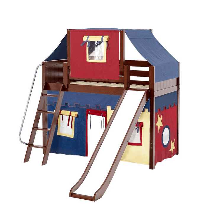Maxtrix Twin Mid Loft Bed with Angled Ladder, Curtain, Top Tent + Slide