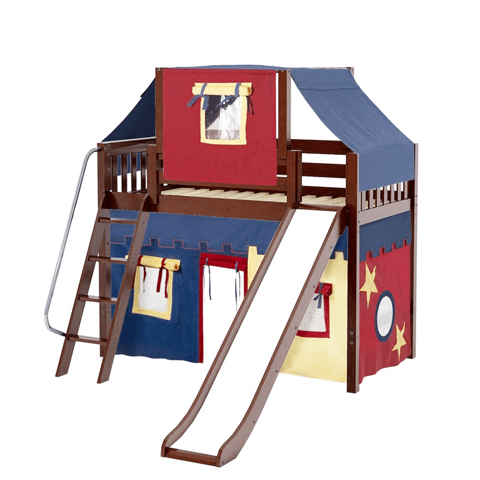 Maxtrix Twin Mid Loft Bed with Angled Ladder, Curtain, Top Tent + Slide
