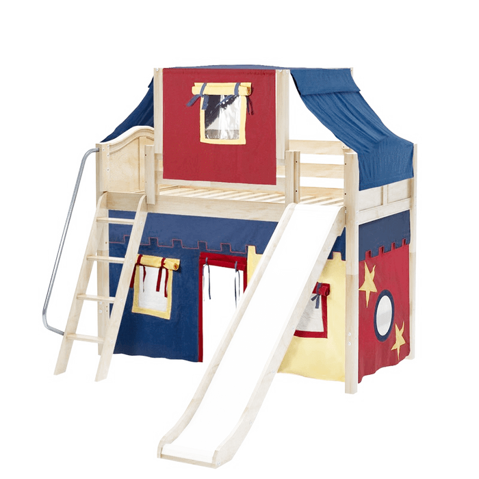 Maxtrix Twin Mid Loft Bed with Angled Ladder, Curtain, Top Tent + Slide