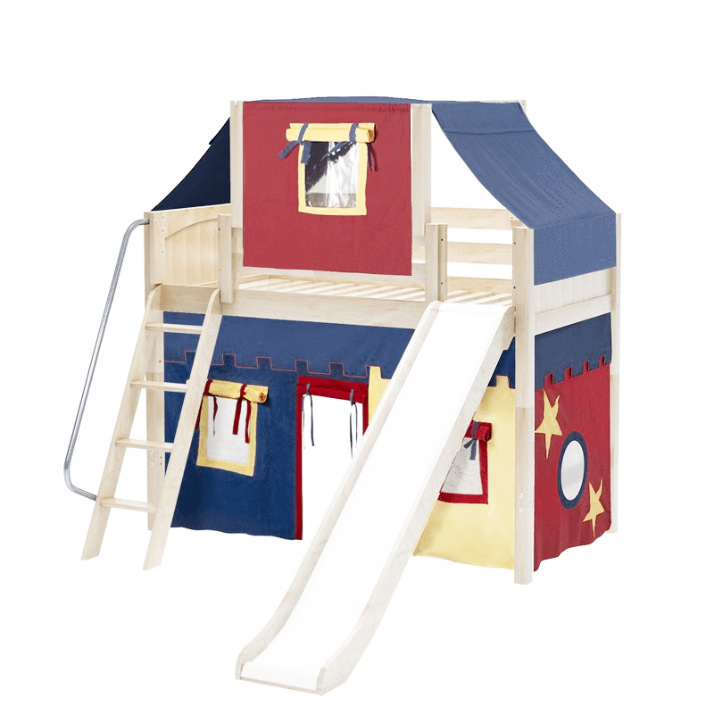 Maxtrix Twin Mid Loft Bed with Angled Ladder, Curtain, Top Tent + Slide