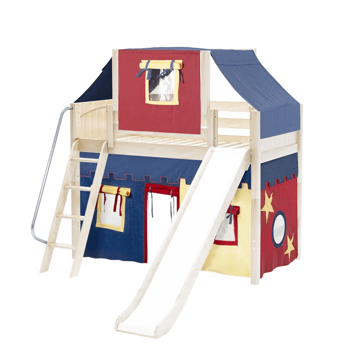 Maxtrix Twin Mid Loft Bed with Angled Ladder, Curtain, Top Tent + Slide