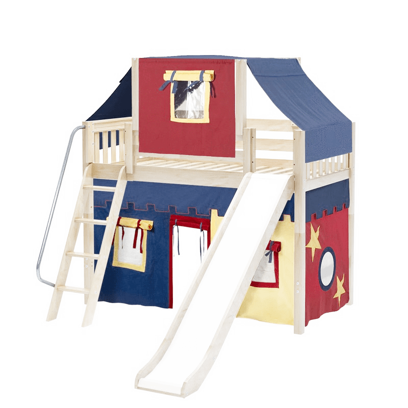 Maxtrix Twin Mid Loft Bed with Angled Ladder, Curtain, Top Tent + Slide