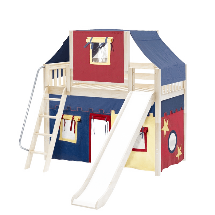 Maxtrix Twin Mid Loft Bed with Angled Ladder, Curtain, Top Tent + Slide