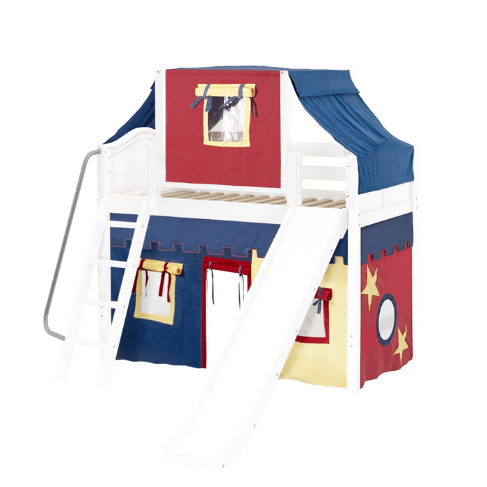 Maxtrix Twin Mid Loft Bed with Angled Ladder, Curtain, Top Tent + Slide