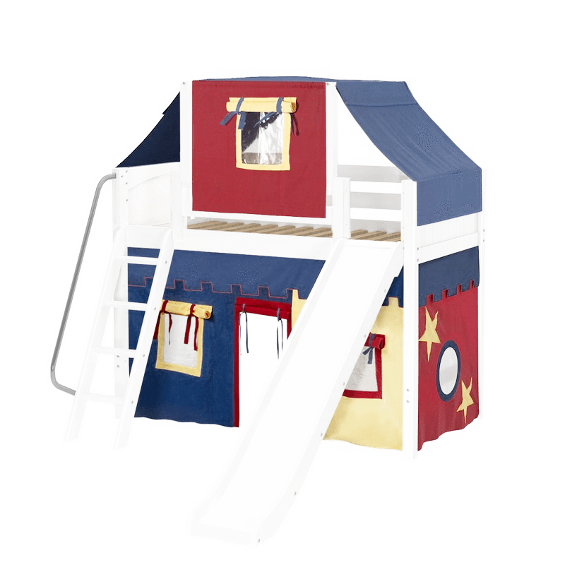Maxtrix Twin Mid Loft Bed with Angled Ladder, Curtain, Top Tent + Slide
