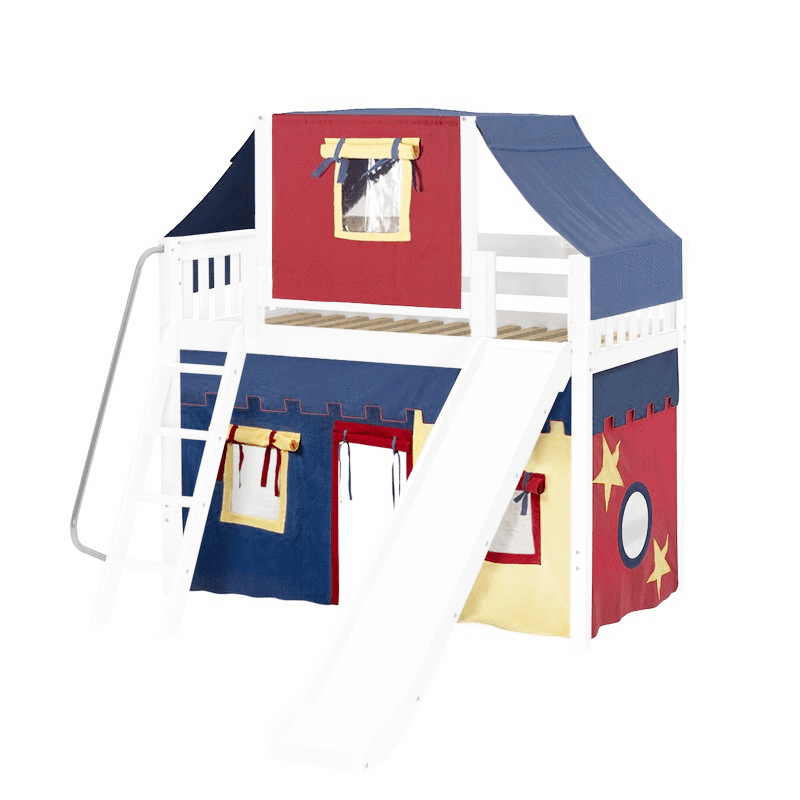 Maxtrix Twin Mid Loft Bed with Angled Ladder, Curtain, Top Tent + Slide