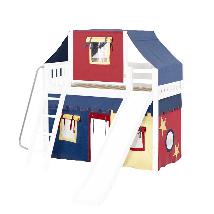 Maxtrix Twin Mid Loft Bed with Angled Ladder, Curtain, Top Tent + Slide