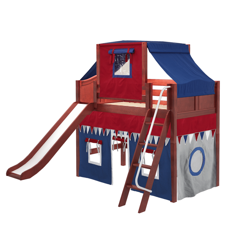 Maxtrix Twin Mid Loft Bed with Angled Ladder, Curtain, Top Tent + Slide