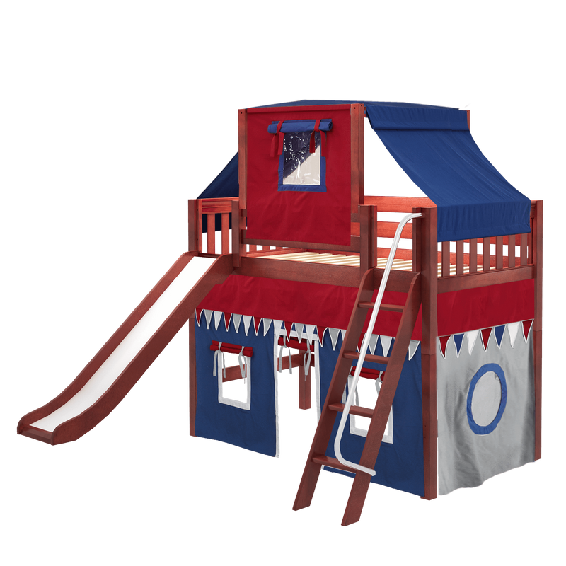 Maxtrix Twin Mid Loft Bed with Angled Ladder, Curtain, Top Tent + Slide