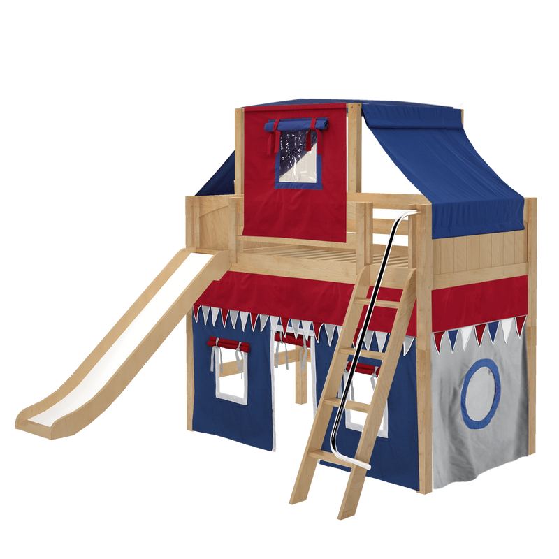 Maxtrix Twin Mid Loft Bed with Angled Ladder, Curtain, Top Tent + Slide