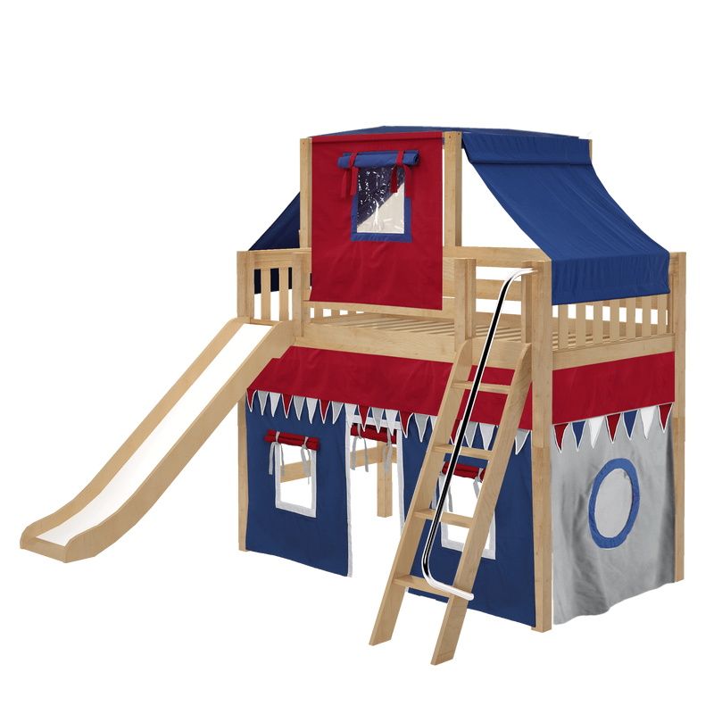Maxtrix Twin Mid Loft Bed with Angled Ladder, Curtain, Top Tent + Slide