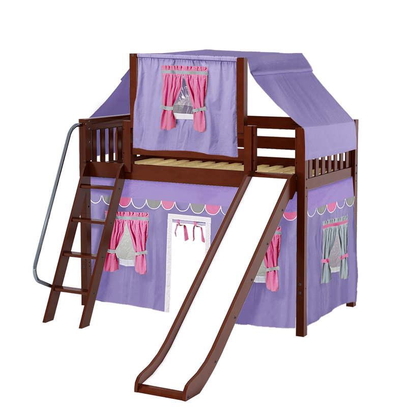 Maxtrix Twin Mid Loft Bed with Angled Ladder, Curtain, Top Tent + Slide