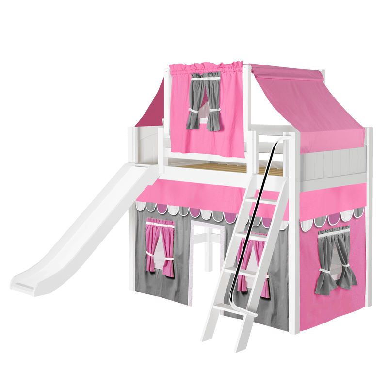 Maxtrix Twin Mid Loft Bed with Angled Ladder, Curtain, Top Tent + Slide