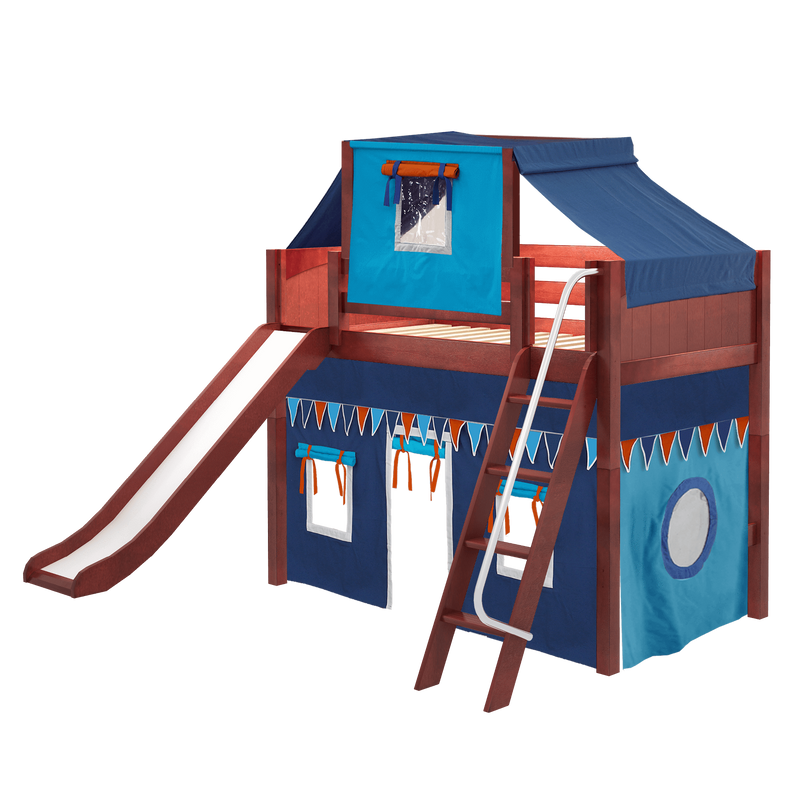 Maxtrix Twin Mid Loft Bed with Angled Ladder, Curtain, Top Tent + Slide