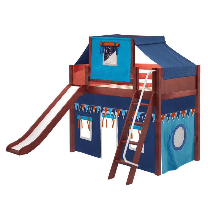 Maxtrix Twin Mid Loft Bed with Angled Ladder, Curtain, Top Tent + Slide