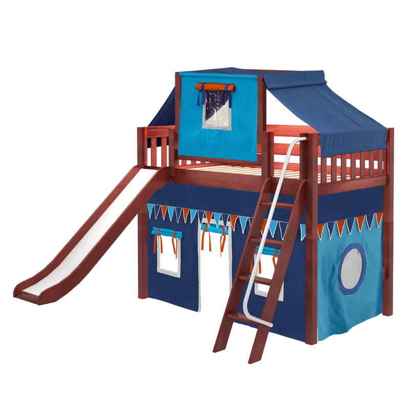 Maxtrix Twin Mid Loft Bed with Angled Ladder, Curtain, Top Tent + Slide