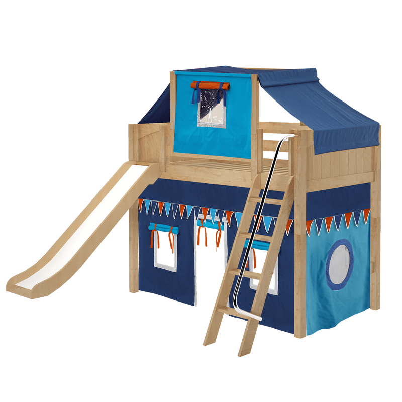 Maxtrix Twin Mid Loft Bed with Angled Ladder, Curtain, Top Tent + Slide
