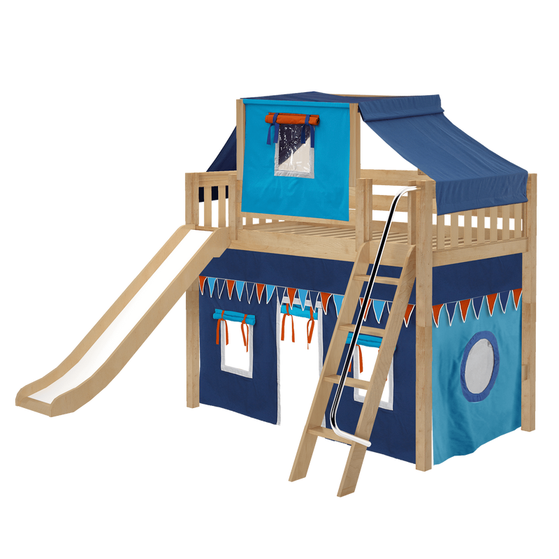 Maxtrix Twin Mid Loft Bed with Angled Ladder, Curtain, Top Tent + Slide