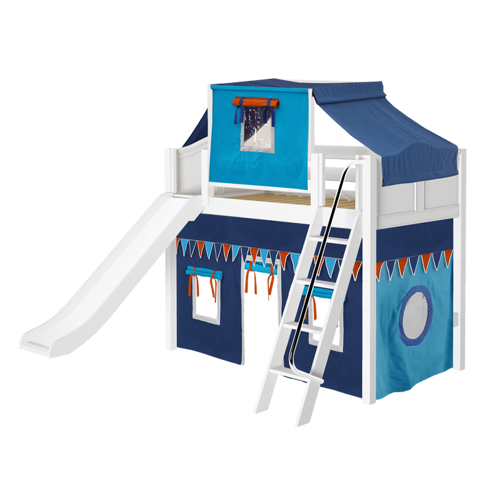 Maxtrix Twin Mid Loft Bed with Angled Ladder, Curtain, Top Tent + Slide