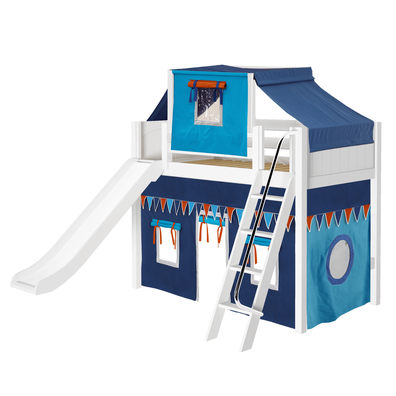 Maxtrix Twin Mid Loft Bed with Angled Ladder, Curtain, Top Tent + Slide