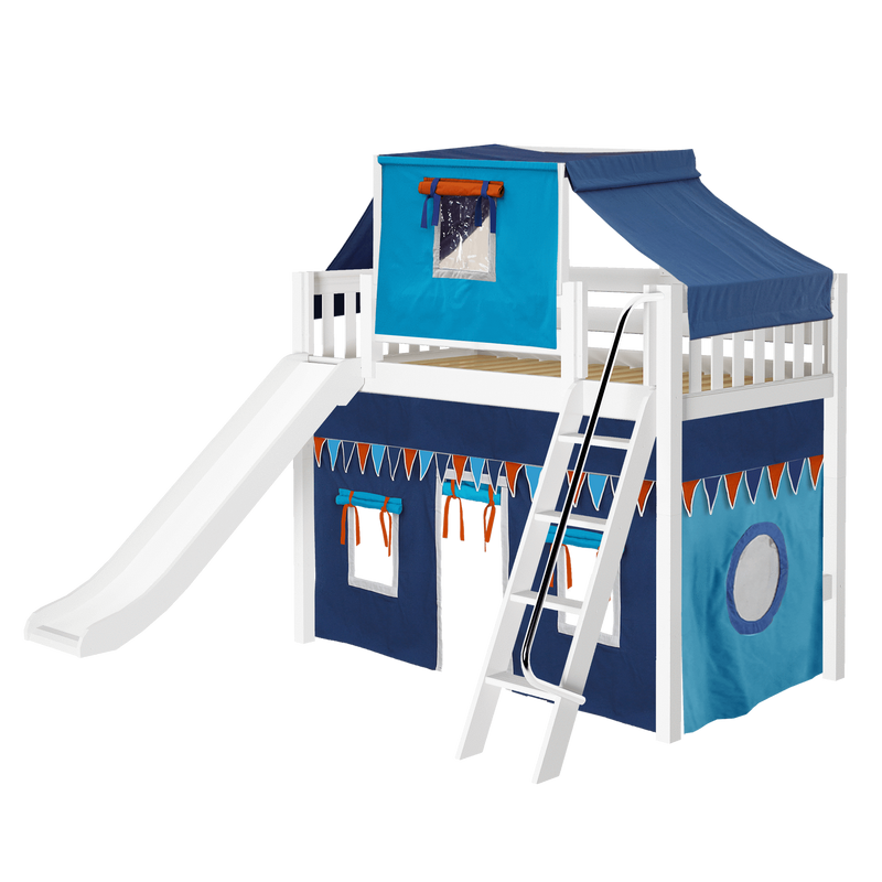 Maxtrix Twin Mid Loft Bed with Angled Ladder, Curtain, Top Tent + Slide