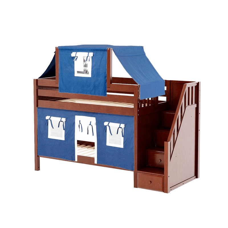 Maxtrix Twin Low Bunk Bed with Stairs, Curtain + Top Tent