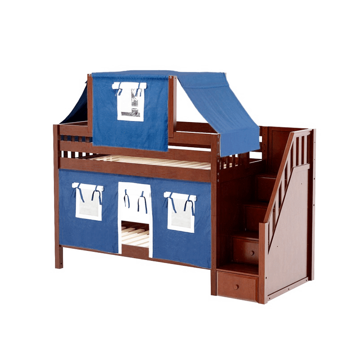 Maxtrix Twin Low Bunk Bed with Stairs, Curtain + Top Tent