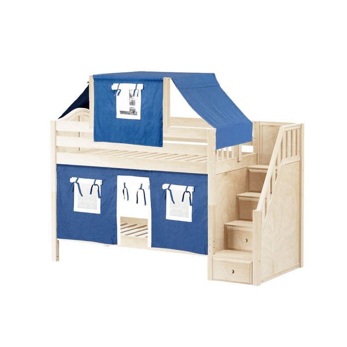 Maxtrix Twin Low Bunk Bed with Stairs, Curtain + Top Tent