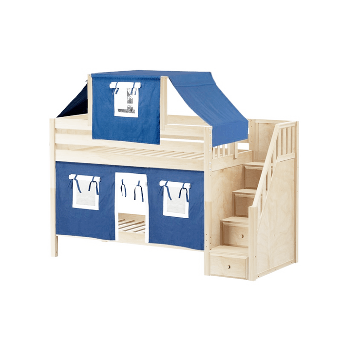 Maxtrix Twin Low Bunk Bed with Stairs, Curtain + Top Tent