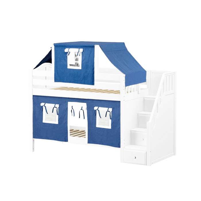 Maxtrix Twin Low Bunk Bed with Stairs, Curtain + Top Tent