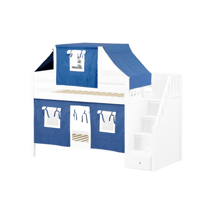 Maxtrix Twin Low Bunk Bed with Stairs, Curtain + Top Tent