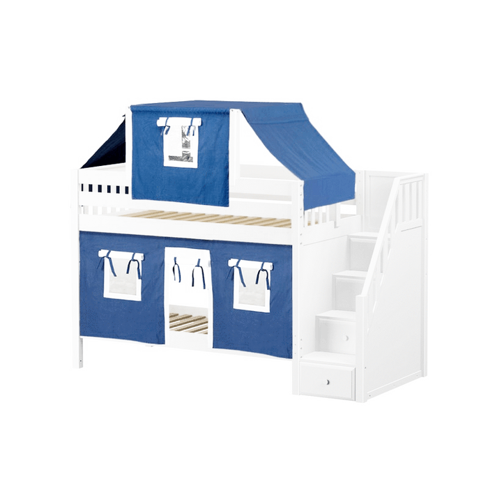 Maxtrix Twin Low Bunk Bed with Stairs, Curtain + Top Tent