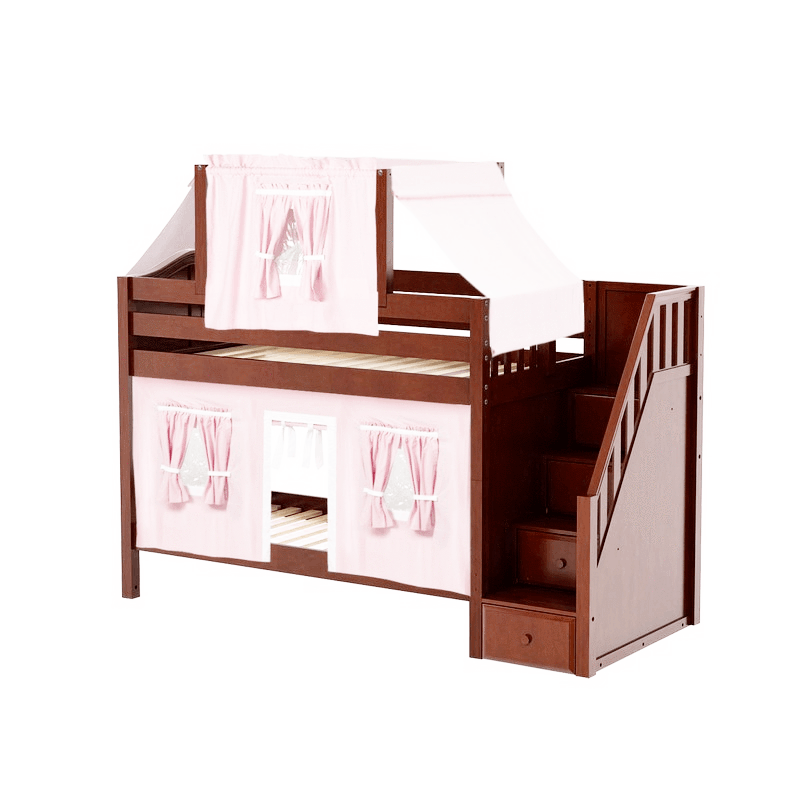 Maxtrix Twin Low Bunk Bed with Stairs, Curtain + Top Tent