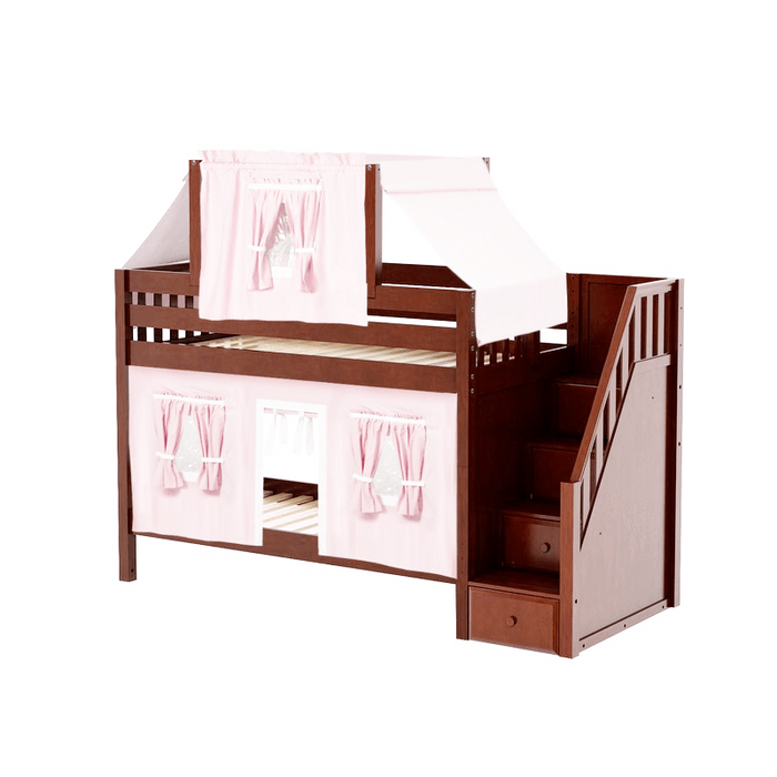Maxtrix Twin Low Bunk Bed with Stairs, Curtain + Top Tent
